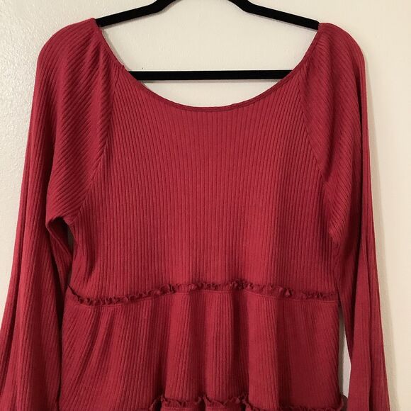 Red Ribbed Layered Ruffle Feminine Cozy Casual Autumn Fall Long Sleeve Top L - Picture 8 of 9